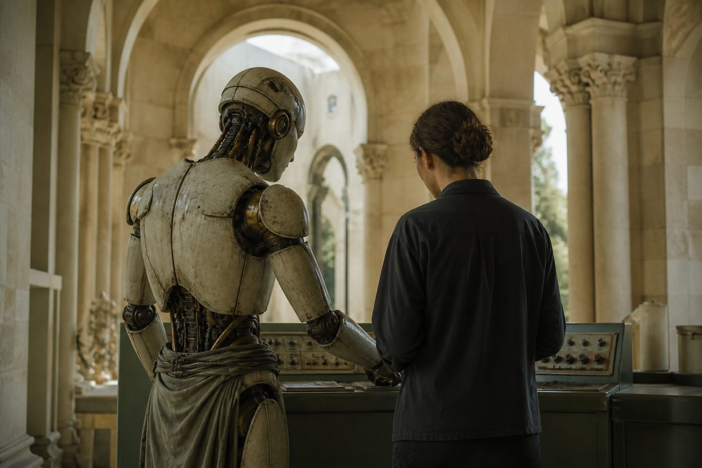 A Greco-futurist still of a helpful robot working beside a human counterpart in a hall that mixes modern systems with ancient stone